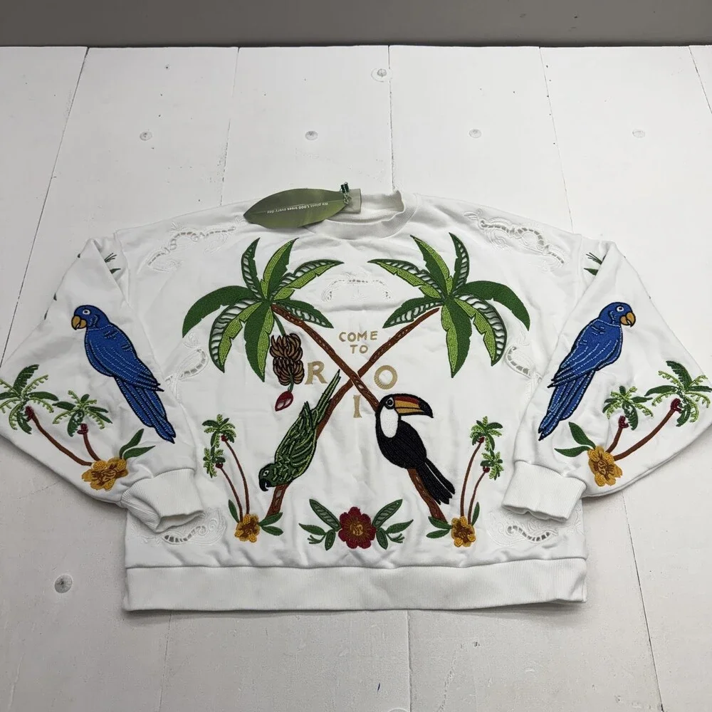 Farm Rio Sweatshirt Womens Large Multicolor Tropical Birds Beaded Embroidered